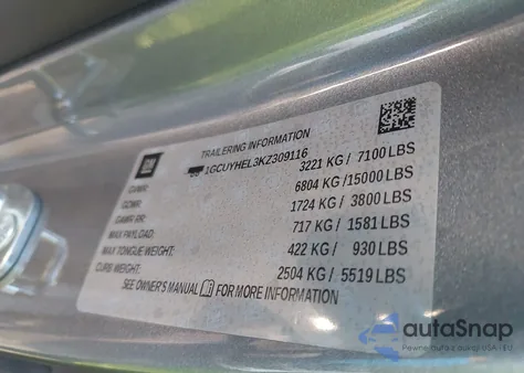 2019 Chevrolet Silverado 1500 High Country from USA, damaged, VIN 1GCUYHEL3KZ309116